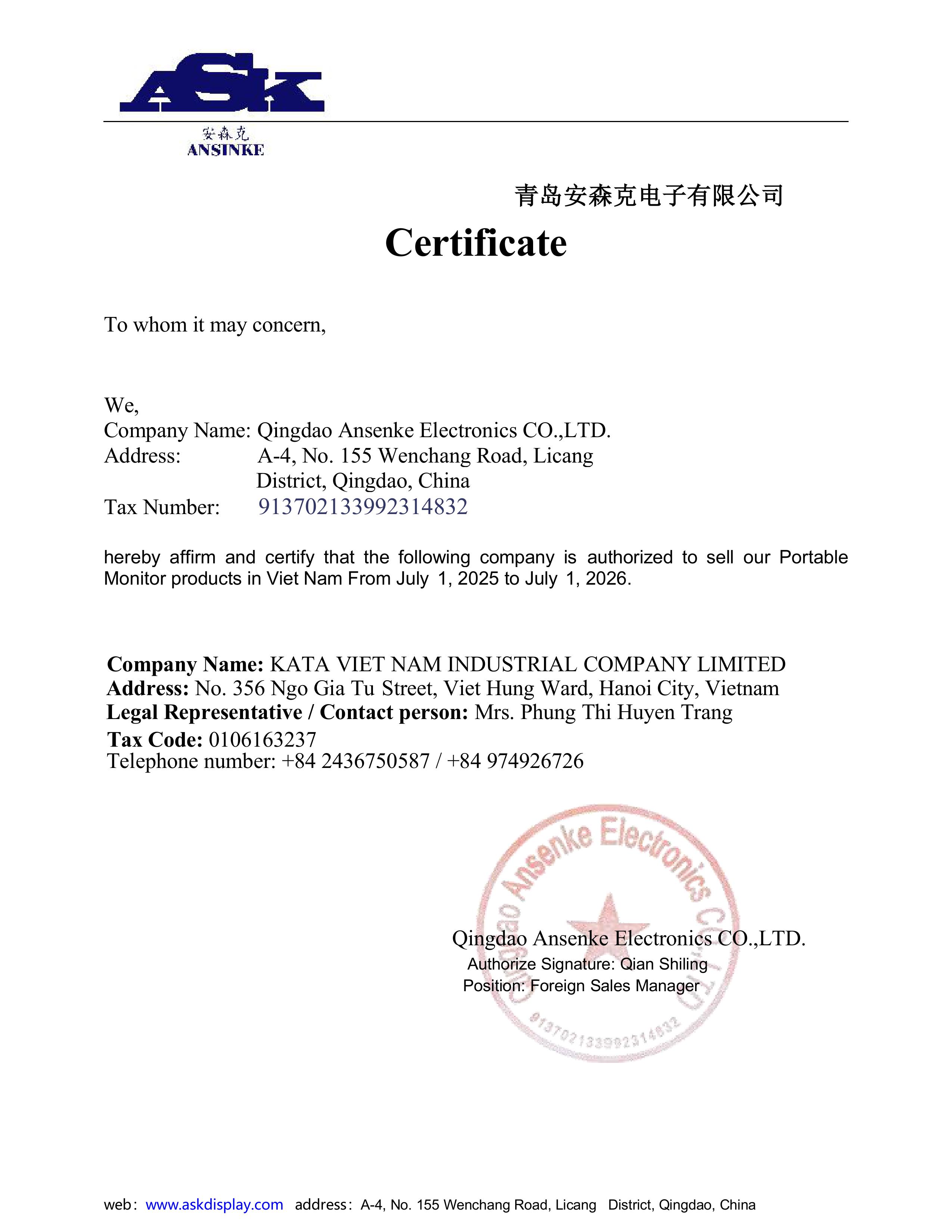 Công ty TNHH Công Nghiệp Kata Việt Nam đại lý phân phối cung cấp các sản phẩm hãng Ansenke tại Việt Nam